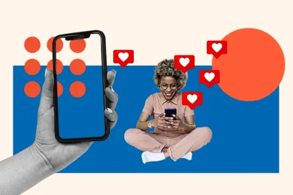 Idei de postări pe Facebook de afaceri grafice cu o persoană care se uită la postările de pe Facebook pe telefonul său, bule de inimă pentru aprecieri și o mână care ține un telefon mobil.