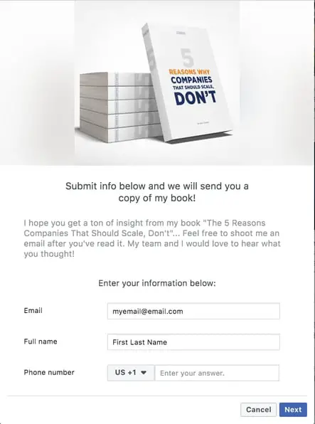 exemplu de formular de trimitere a informațiilor privind anunțurile potențiale Facebook