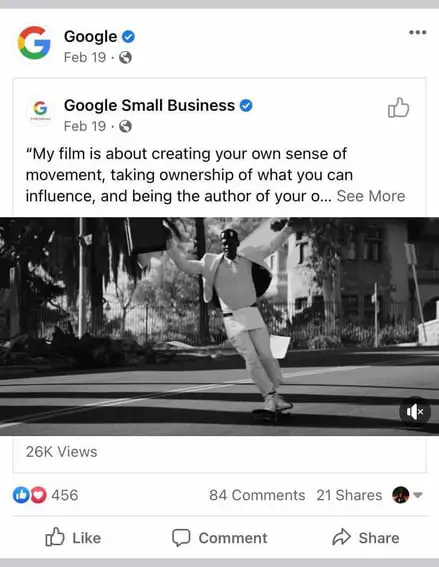 Pagina de Facebook a Google repostează o postare video de pe pagina de Facebook pentru întreprinderi mici Google