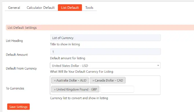 Para birimi listesi varsayılan ayarları Edit list layout settings
