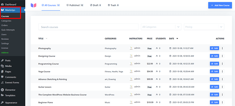 انتقل إلى Masteriyo & Courses للوصول إلى Course Builder
