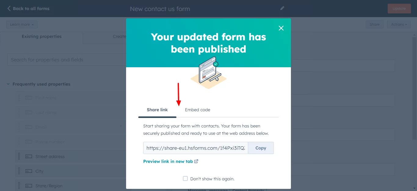共享或嵌入 hubspot 表单