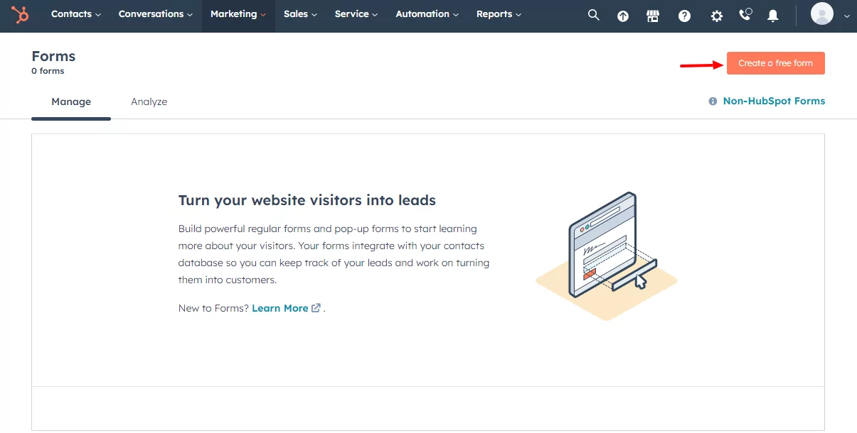 在 hubspot 表单生成器中创建新的自由表单