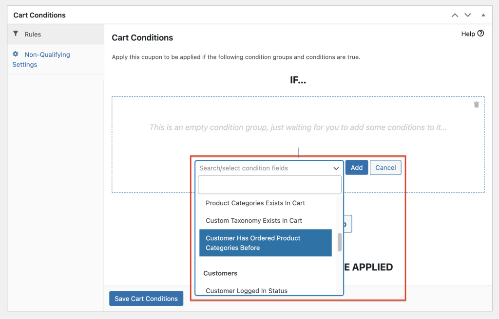 Once you've chosen your condition field, click 'Add'