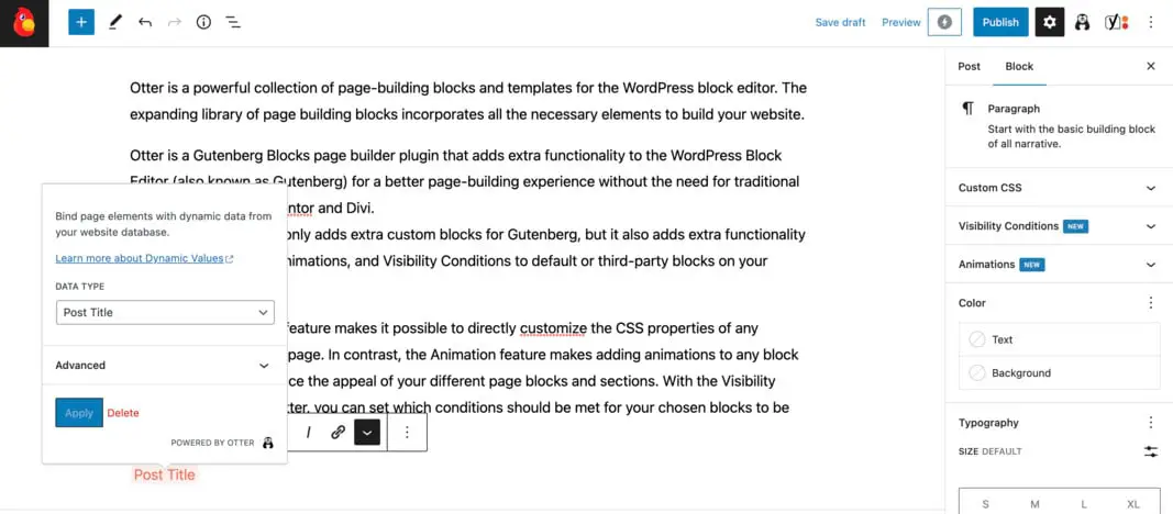 Contoh kedua menyisipkan konten dinamis menggunakan plugin Otter Blocks.