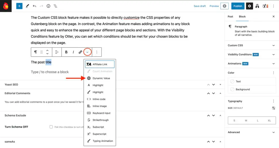 Un terzo esempio di inserimento di contenuti dinamici utilizzando il plug-in Otter Blocks.