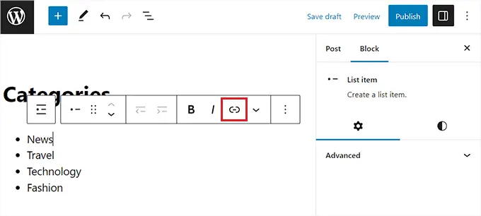 블록 도구 모음에서 링크 아이콘을 클릭합니다. Click the Link icon in the block toolbar