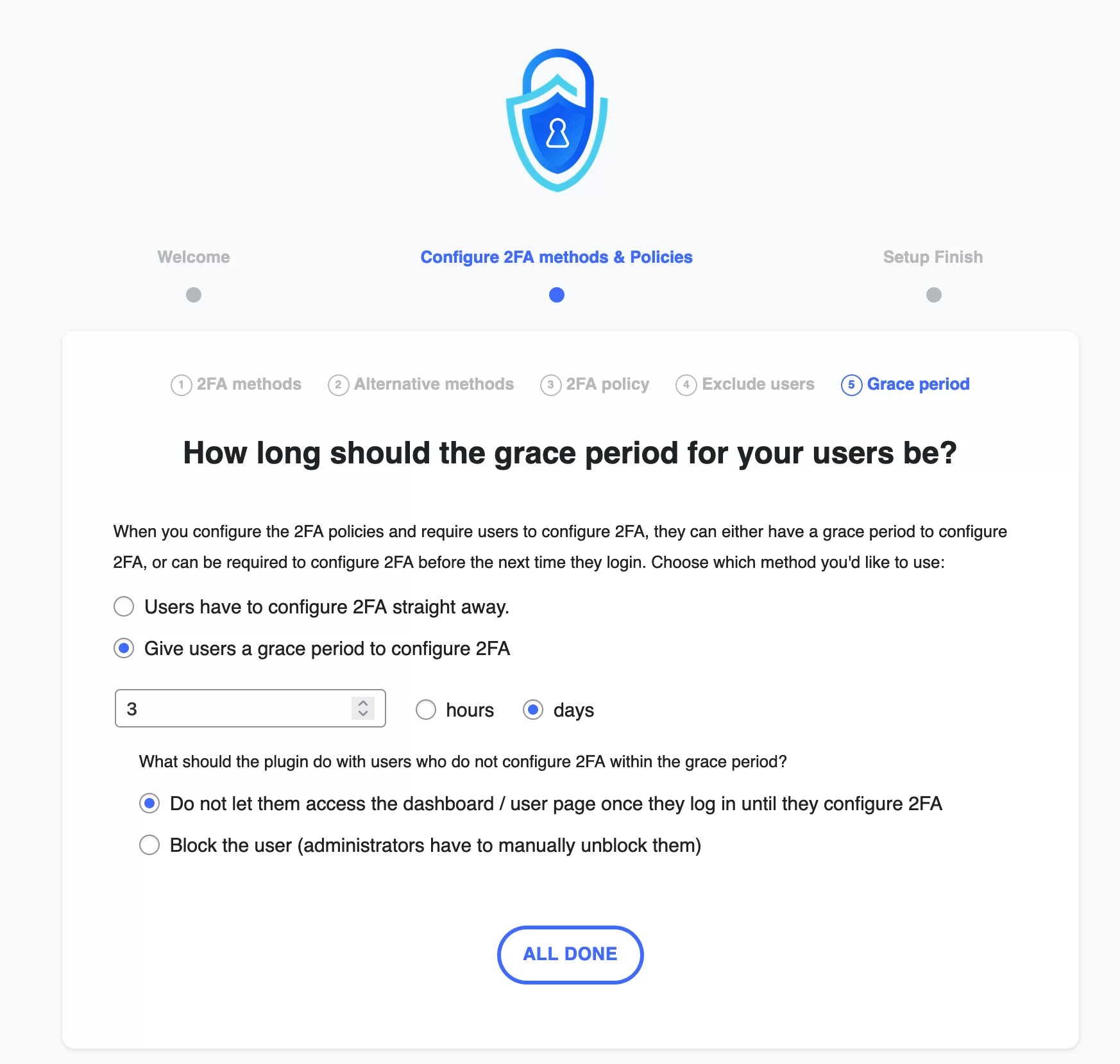WP 2FA 允许您为用户提供配置 2FA 的宽限期。