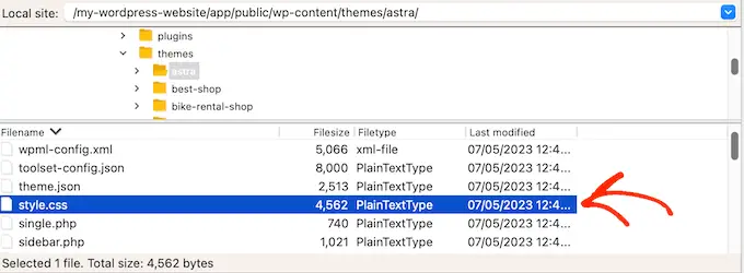 การเปิดไฟล์ style.css ของธีม WordPress โดยใช้ไคลเอนต์ FTP Opening a WordPress theme's style.css file using an FTP client