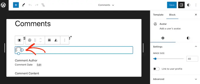 การเปลี่ยนขนาดภาพ Gravatar โดยใช้โปรแกรมแก้ไขไซต์แบบเต็ม Changing the Gravatar image size using the full site editor