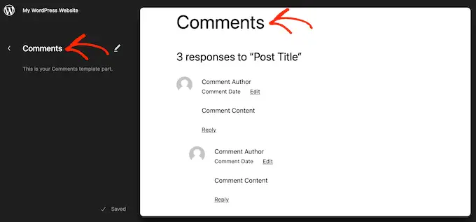 ส่วนเทมเพลต 'ความคิดเห็น' ในตัวแก้ไขไซต์แบบเต็มของ WordPress The 'comments' template part in the WordPress full site editor