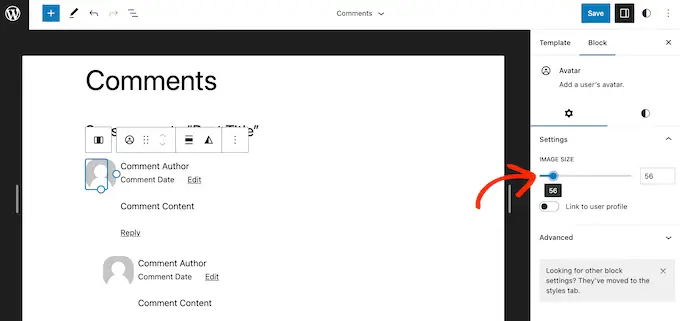 การเปลี่ยนขนาดของ Gravatar โดยใช้ตัวแก้ไขไซต์แบบเต็ม (FSE) ใน WordPress Changing the size of a Gravatar using the full site editor (FSE) in WordPress