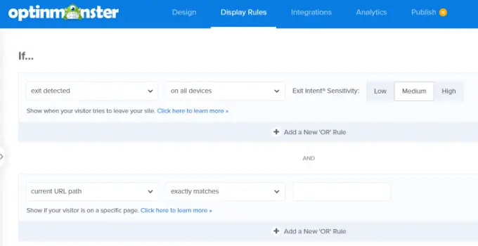 Enter exact URL for exit intent display rule