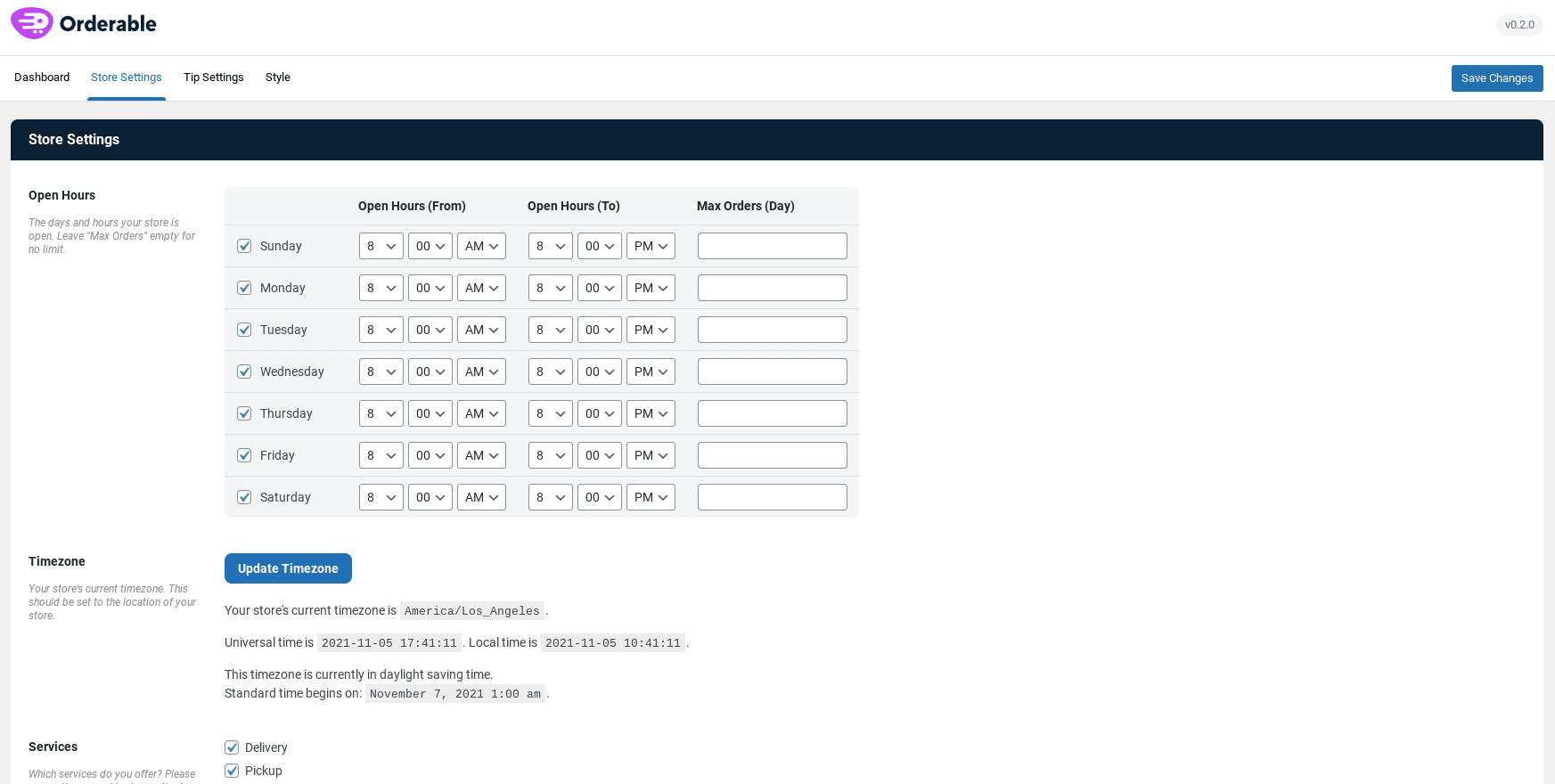 Configurações admissíveis da loja WordPress