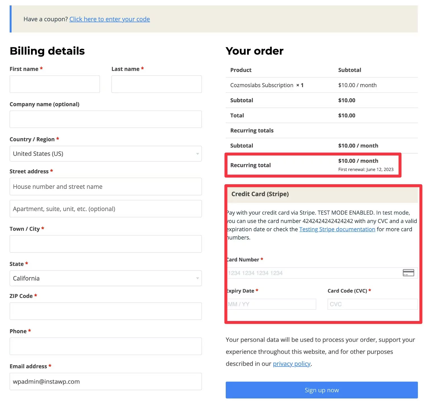 Menggunakan checkout untuk membeli langganan WooCommerce Stripe