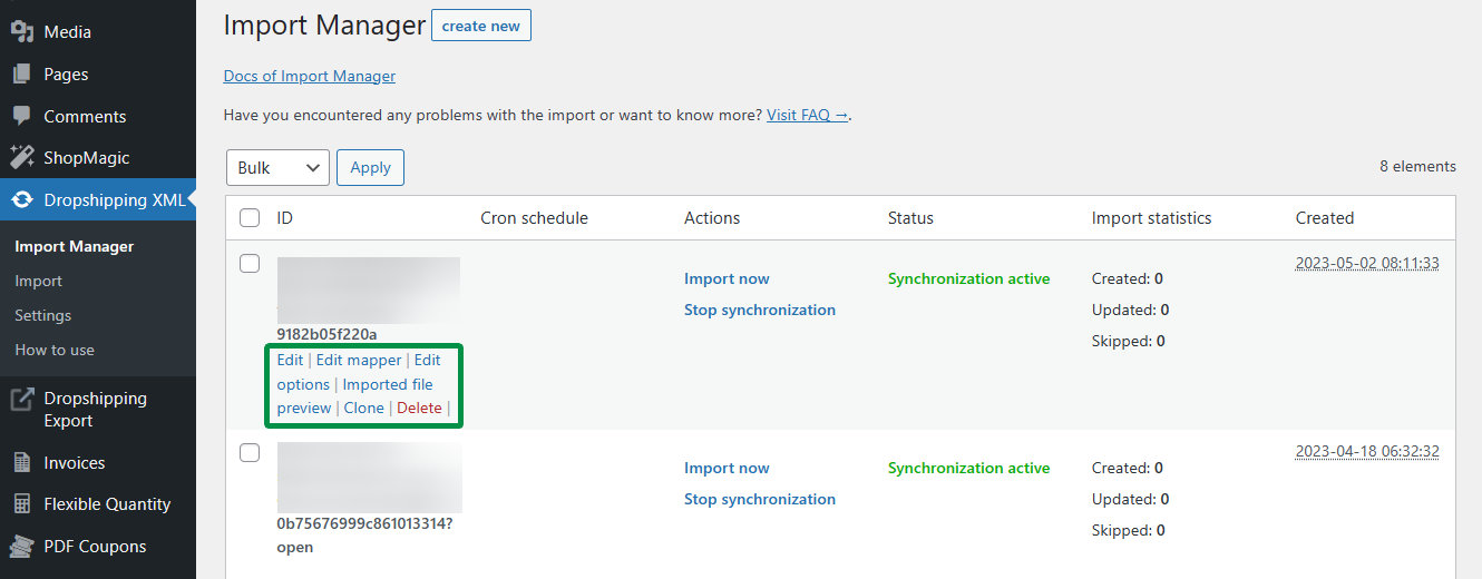 Bearbeiten Sie den Produkt-Mapper und die Importoptionen und klonen Sie den Import