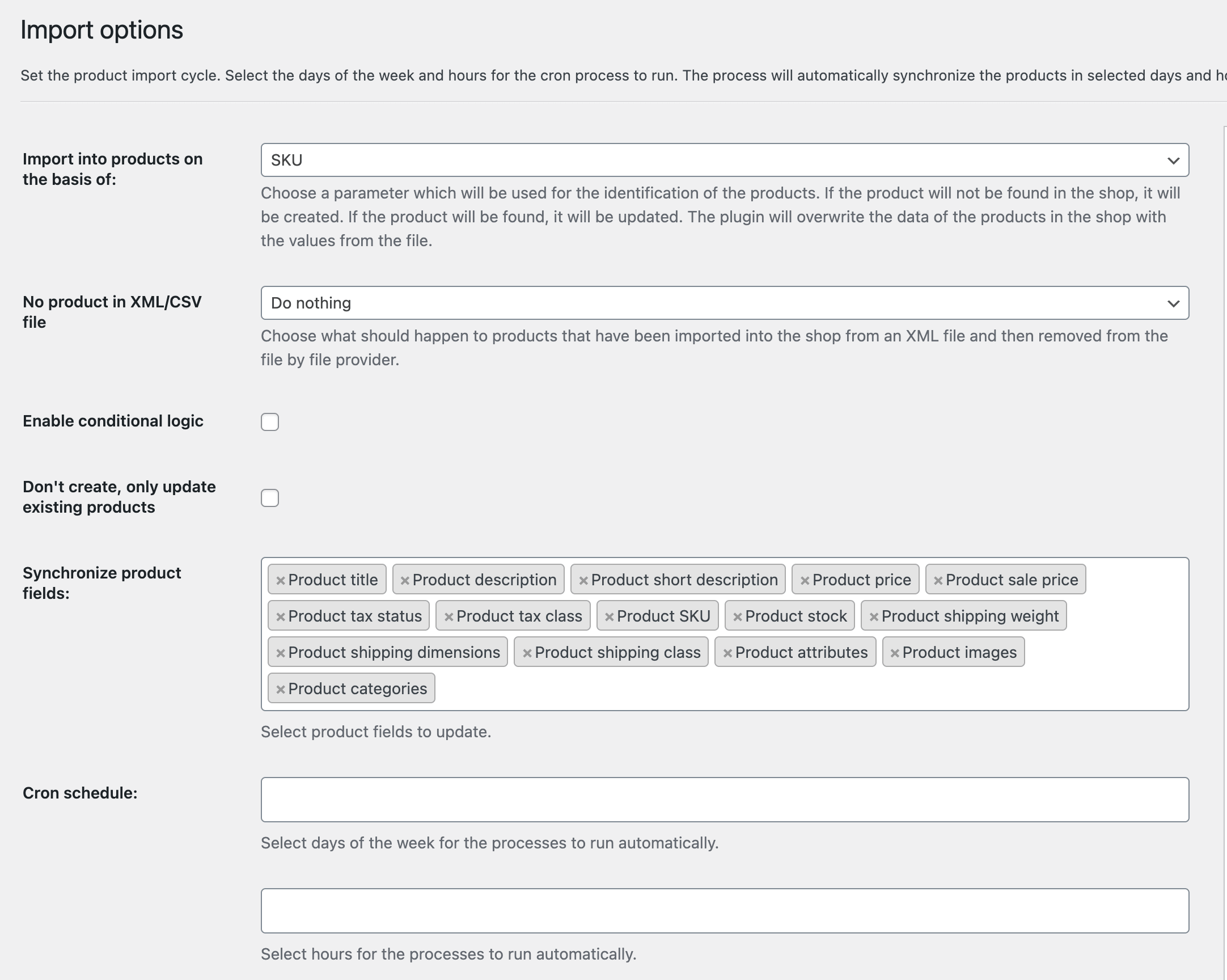 이미지가 포함된 WooCommerce 가져오기 제품 - 플러그인 옵션