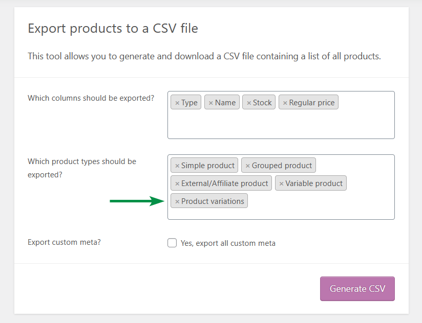 Exportieren Sie WooCommerce-Produktvarianten