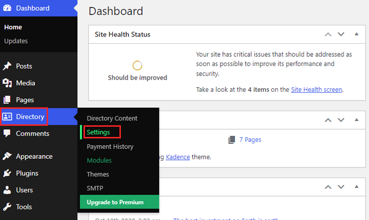 Vaya a Directorio y haga clic en Configuración - Crear un sitio web de directorio