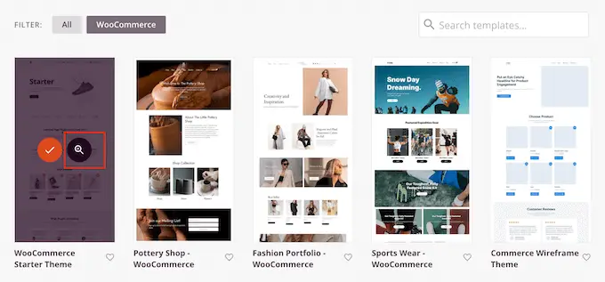 Vista previa de un kit de sitio web de WooCommerce Previewing a WooCommerce website kit