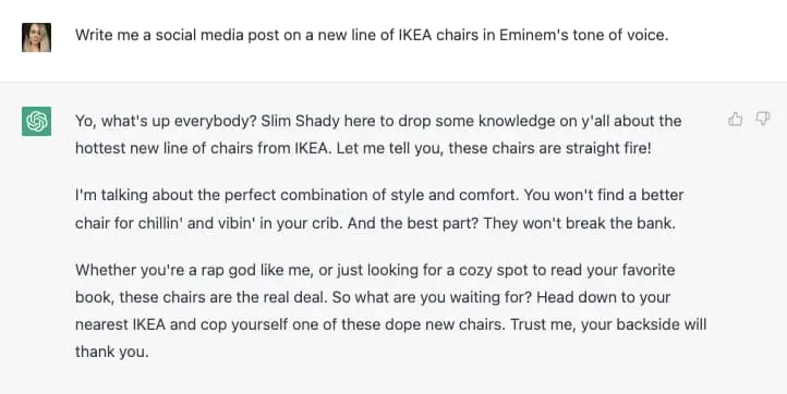 GPT 3 örnekleri; Eminem'den hayali bir IKEA onayı
