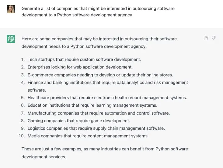 GPT 3 örnekleri; bir Python yazılım ajansı için bir müşteri listesi oluşturun