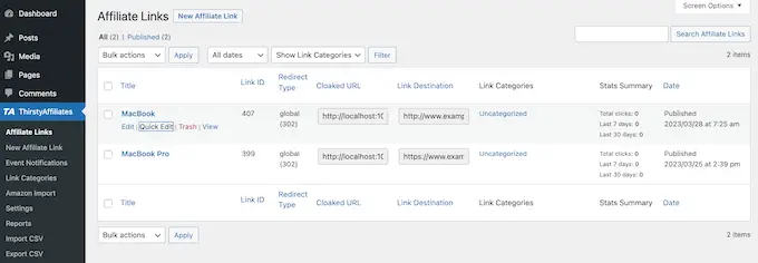 Adicionando URLs de afiliados ao painel ThirstyAffiliates