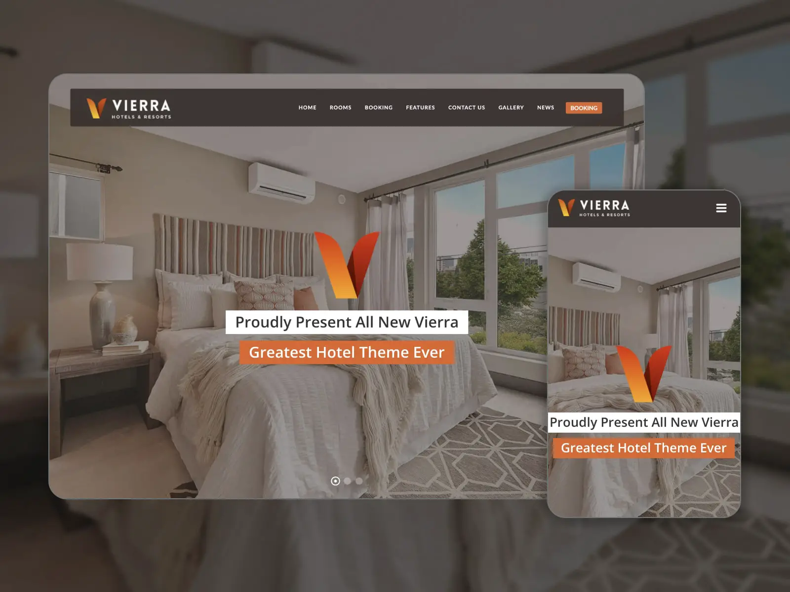 Collage del sitio web de demostración del tema de reserva de apartamentos de WordPress Vierra en colores gris, beige y naranja.