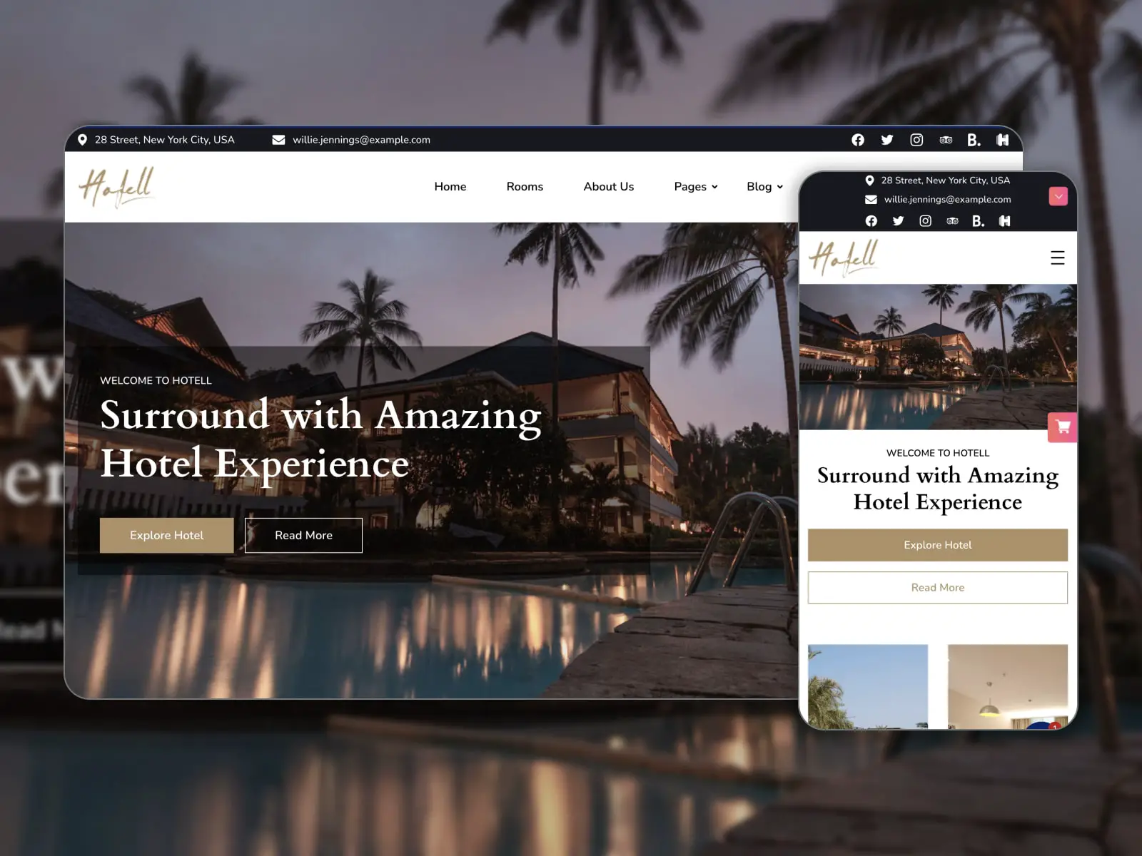 Collage del tema Hotell WordPress para los mejores sitios web gratuitos de apartamentos de WordPress en colores marrón, blanco y beige.