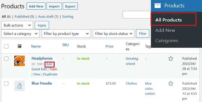 Modifica la pagina dei prodotti Edit the products page