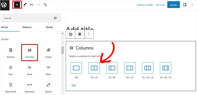 Adăugați blocul Coloane în editorul de blocuri Add the Columns block in the block editor
