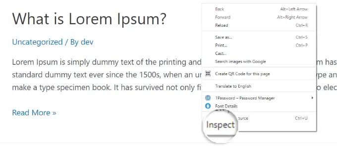 Sélection de l'option Inspecter dans Chrome Right click to open the inspect option