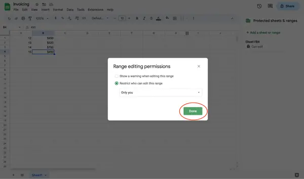 Come bloccare le celle nei fogli Google, passaggio 7: selezionare "Fine".