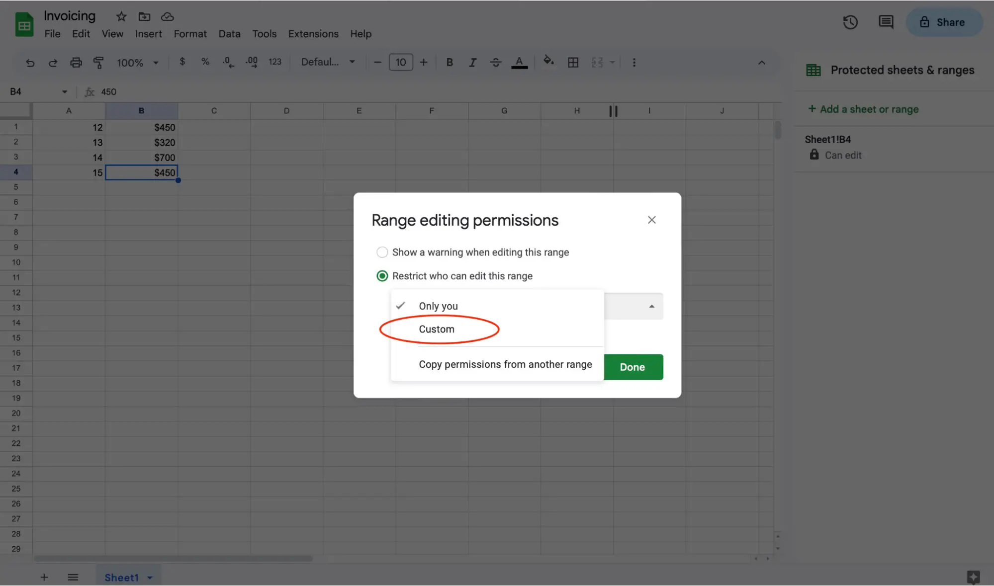 Come bloccare le celle nei fogli di Google, passaggio 7: selezionare "personalizzato".