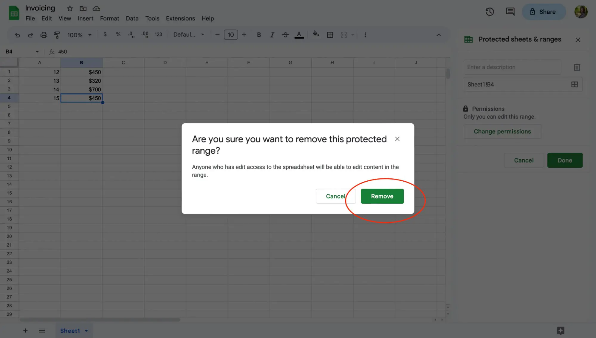Celle protette da fogli Google, come sbloccare le celle passaggio 6: selezionare "rimuovi".