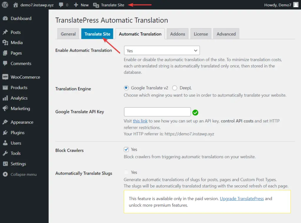 ปุ่มแปลเว็บไซต์ใน translatepress