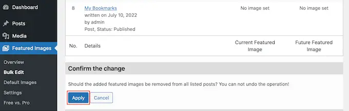 Aplicarea editării în bloc imaginii prezentate în WordPress Applying the bulk edit to your featured image in WordPress