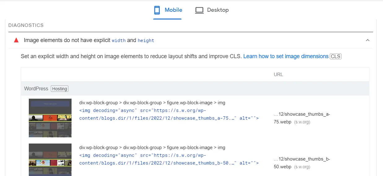 PageSpeed Insights에 대한 자세한 CLS 보고서입니다.