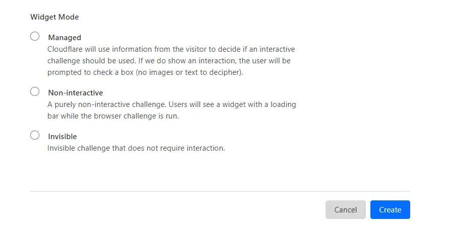Memilih mode widget untuk Cloudflare CAPTCHA Anda.
