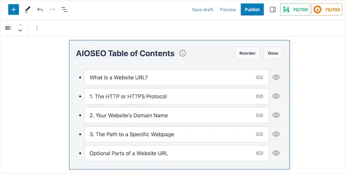 Blok daftar isi AIOSEO The AIOSEO table of contents block