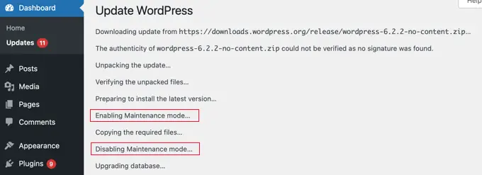 Avanzamento dell'aggiornamento di WordPress