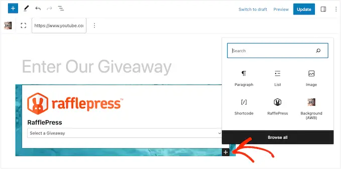 Adăugarea unui bloc de cadou RafflePress la un fundal video Adding a RafflePress giveaway block to a video background
