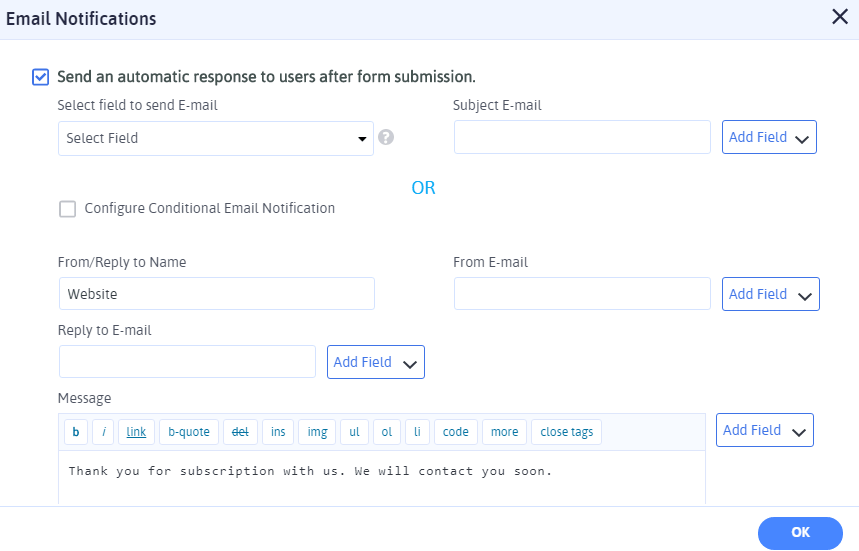 Configurações de notificação por e-mail do ARForms