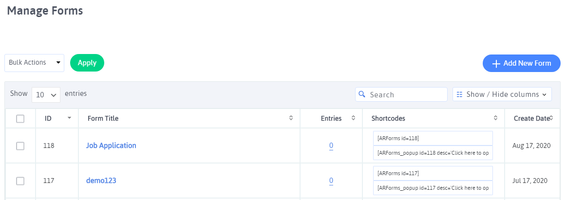 ARForms จัดการแบบฟอร์ม