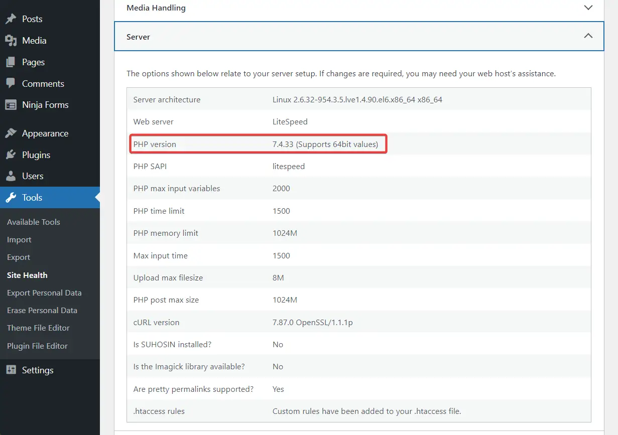menemukan versi php di kesehatan situs - tautan yang Anda ikuti telah kedaluwarsa.