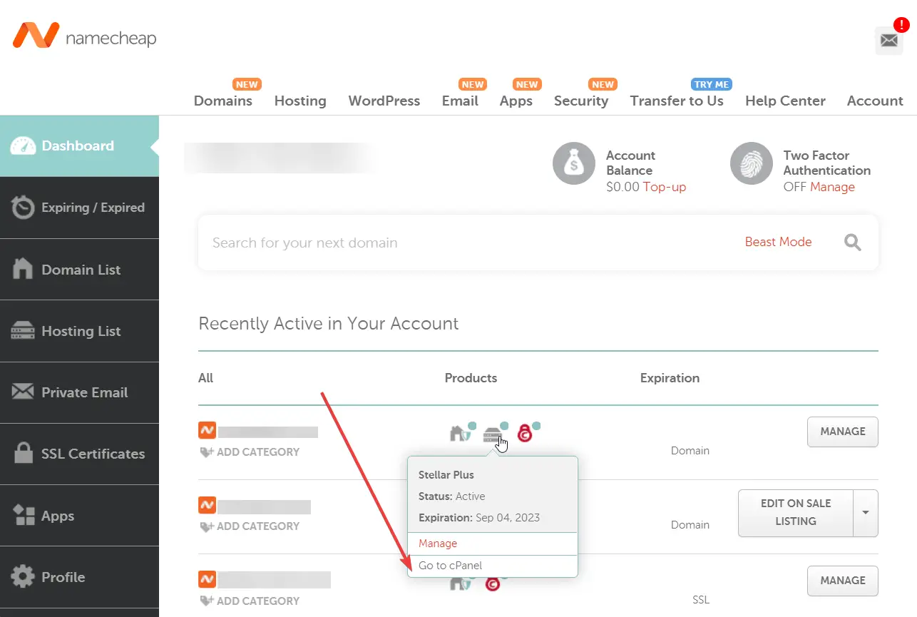 menemukan cpanel di namecheap.