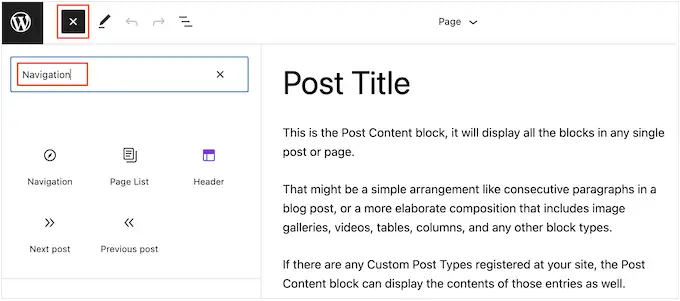 將導航塊添加到基於塊的模板 Adding a Navigation block to a block-based template