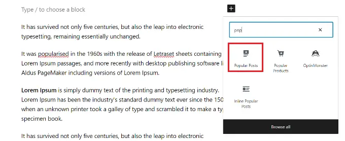 Pilih blok posting populer MonsterInsights Add popular post block