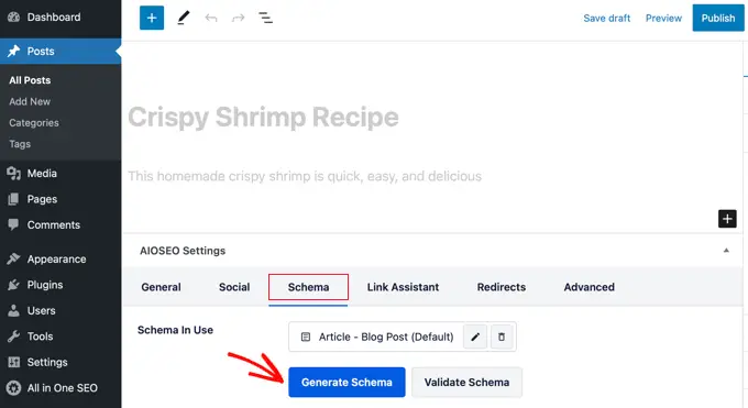 AIOSEO에서 Generate Schema 버튼을 클릭합니다.