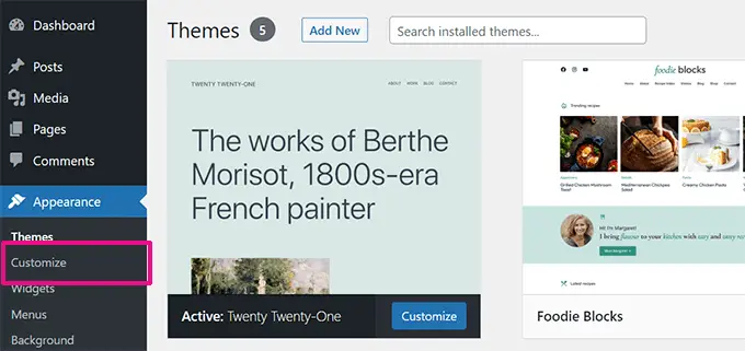 Iniciar personalizador de tema Launch theme customizer